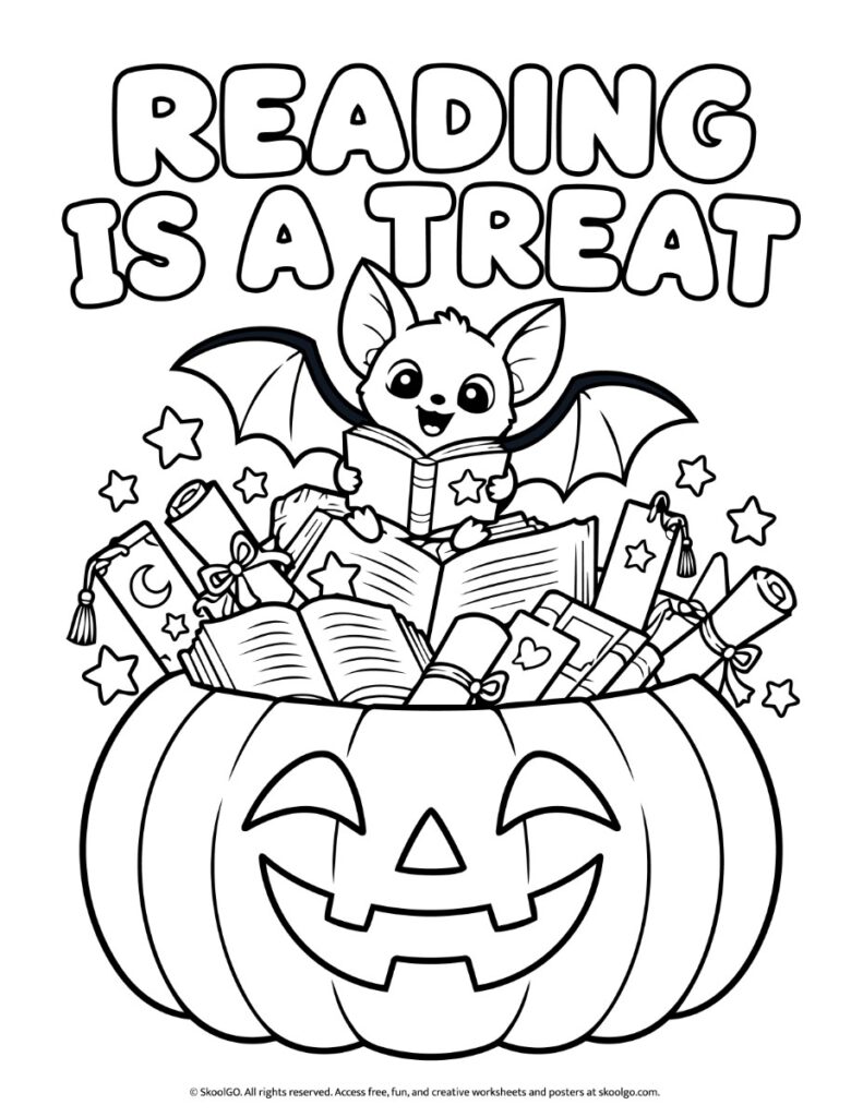 Reading Is a Treat – Black-and-White Halloween Coloring Poster Black-and-white Reading Is a Treat poster showing a smiling bat holding a book above a jack-o'-lantern filled with books, ready to color.
