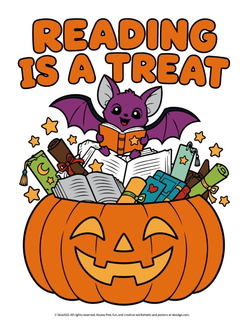 Reading Is a Treat – Colorful Halloween Reading Poster Reading Is a Treat Halloween poster with a purple bat reading a book above a smiling orange pumpkin filled with books and scrolls.