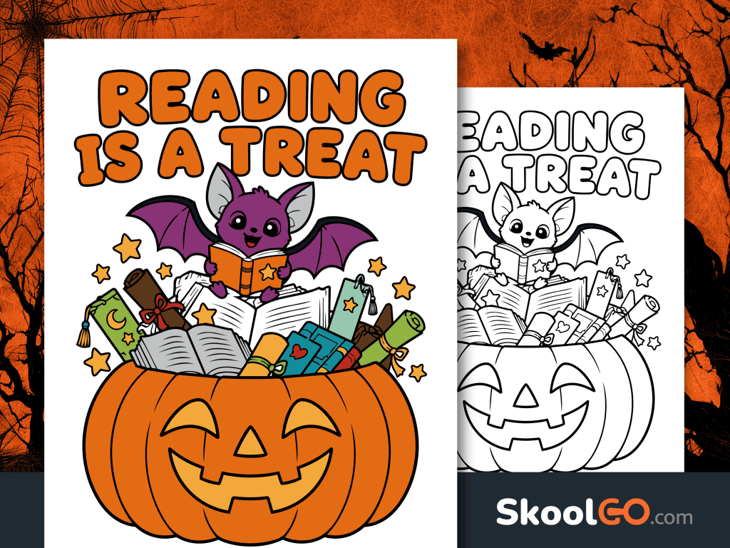 Reading Is a Treat Halloween poster featuring a purple bat reading a book above a smiling orange pumpkin filled with books and scrolls.