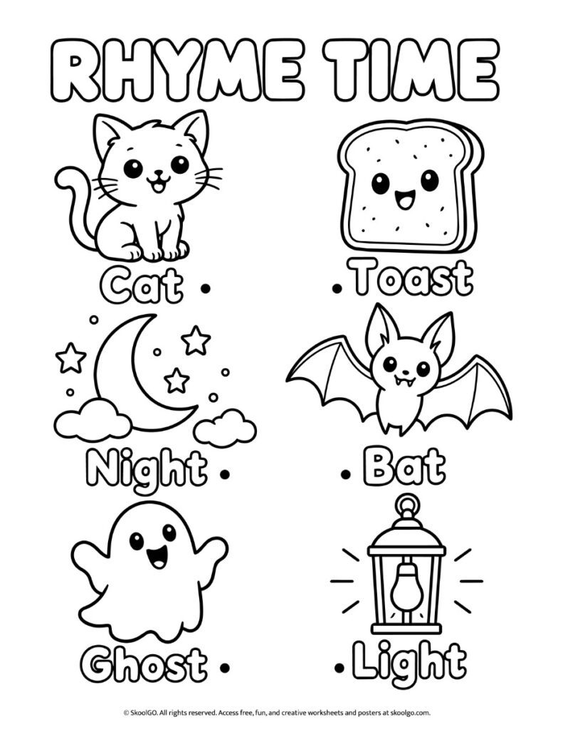Rhyme Time – Black-and-White Halloween Rhyming Worksheet Black-and-white Halloween rhyming words worksheet with six illustrated words to connect into three rhyming pairs.