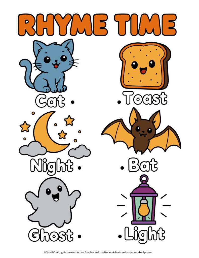 Rhyme Time – Color Halloween Rhyming Words Worksheet Color Halloween rhyming worksheet with pictures of a cat, toast, moonlit night, bat, ghost, and light to match into rhyming pairs.