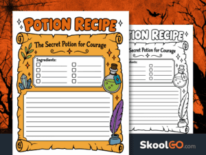 Colorful Potion Recipe writing worksheet titled The Secret Potion for Courage, with an ingredient checklist, lined writing space, and magical illustrations.