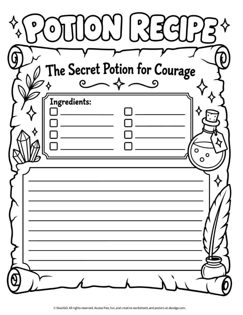 Potion Recipe for Courage – Black-and-White Writing Worksheet Black-and-white Potion Recipe worksheet with a blank ingredient checklist, lined writing area, and magical illustrations that students can color.