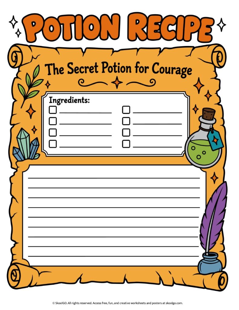 Potion Recipe for Courage – Color Writing Worksheet Color potion recipe worksheet with an orange parchment scroll, eight ingredient checkboxes, writing lines, crystals, a green potion bottle, and a purple quill.