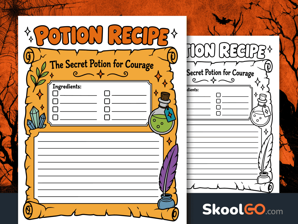 Colorful Potion Recipe writing worksheet titled The Secret Potion for Courage, with an ingredient checklist, lined writing space, and magical illustrations.