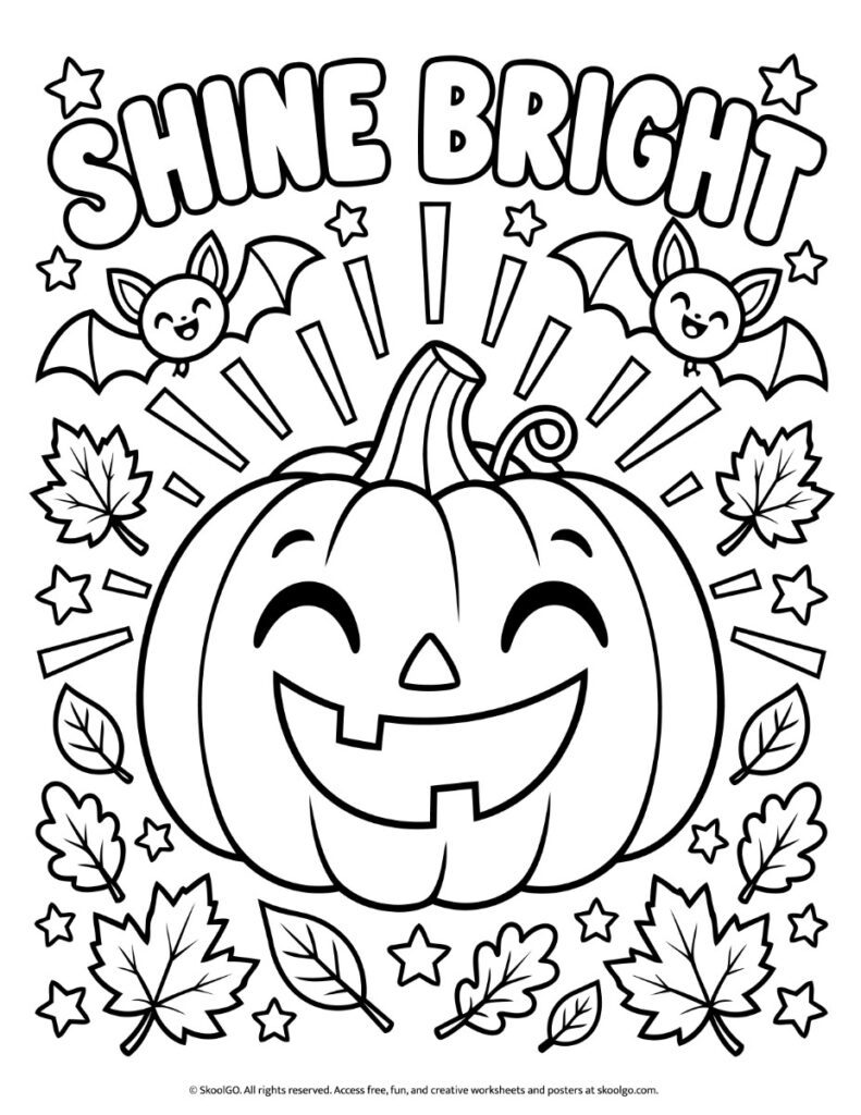 Shine Bright Halloween Poster – Black-and-White Coloring Version Black-and-white Shine Bright Halloween coloring poster with an outlined smiling pumpkin, bats, leaves, and stars.