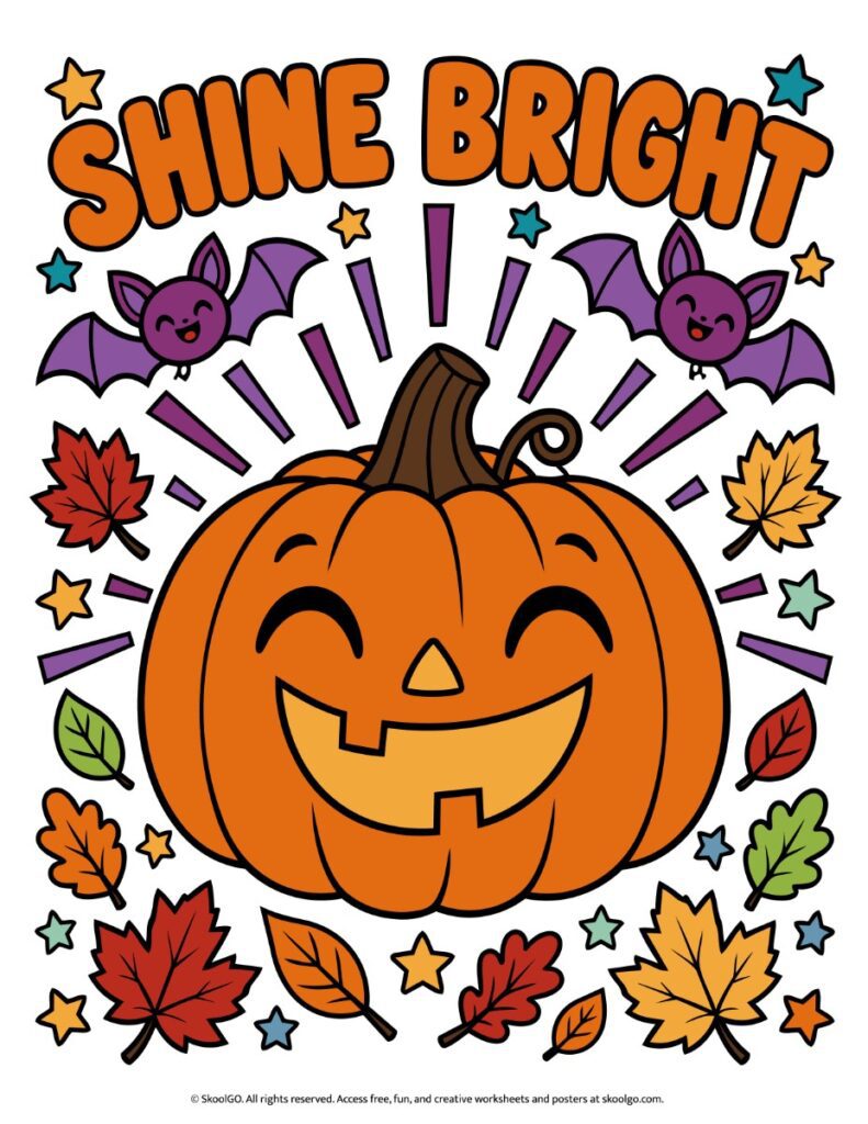 Shine Bright Halloween Pumpkin Poster – Color Version Full-color Shine Bright poster featuring an orange jack-o'-lantern, purple bats, autumn leaves, and decorative stars.