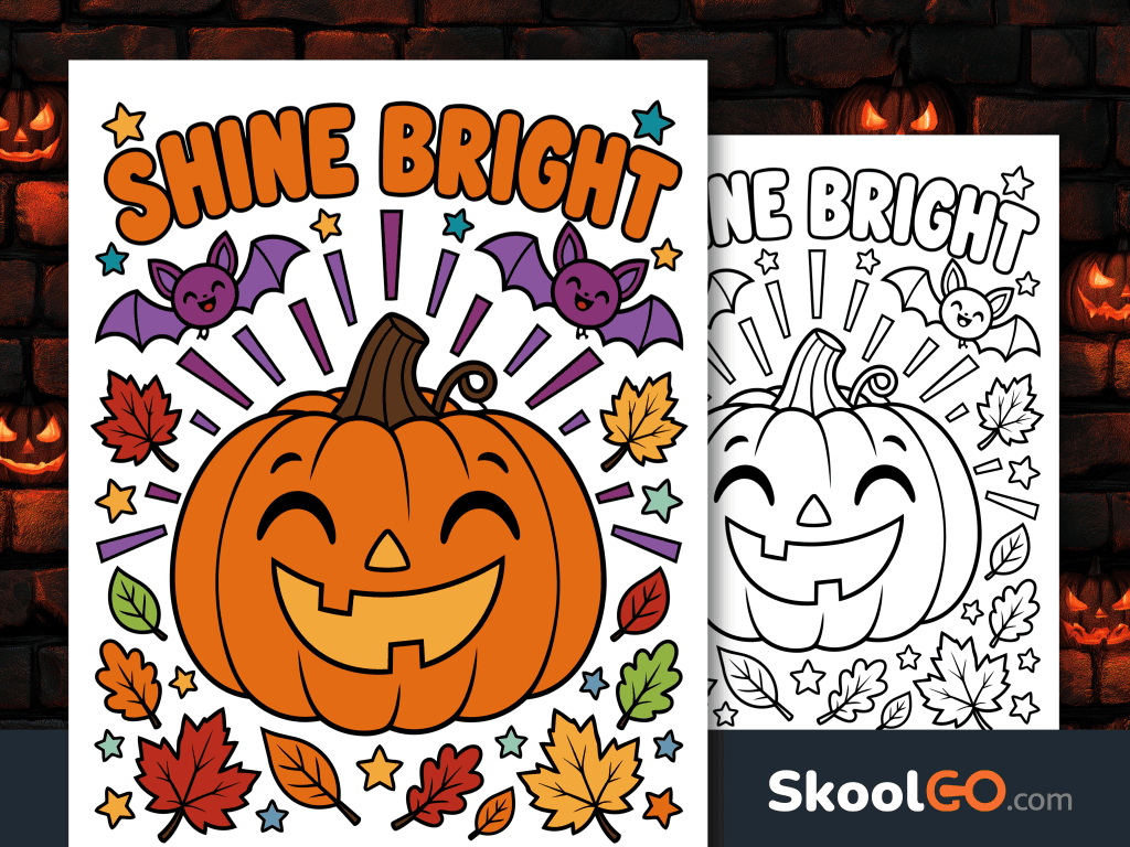 Shine Bright Halloween poster with a smiling orange pumpkin, two purple bats, colorful autumn leaves, and stars.