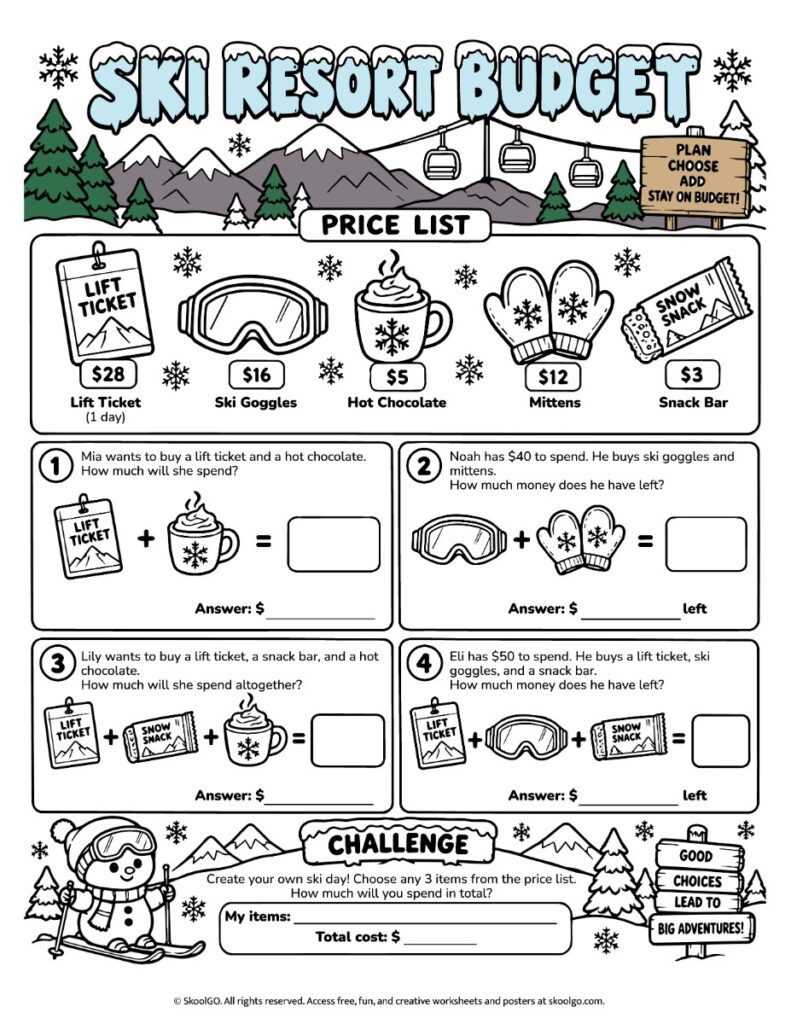 Ski Resort Budget Worksheet – Partially Colored Version Partially colored ski resort budget worksheet with lift tickets, goggles, hot chocolate, mittens, snacks, four money problems, and a budgeting challenge.