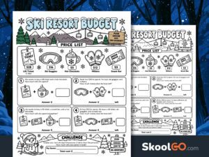 Ski resort math worksheet with a winter mountain scene, illustrated item prices, and addition and subtraction money problems.