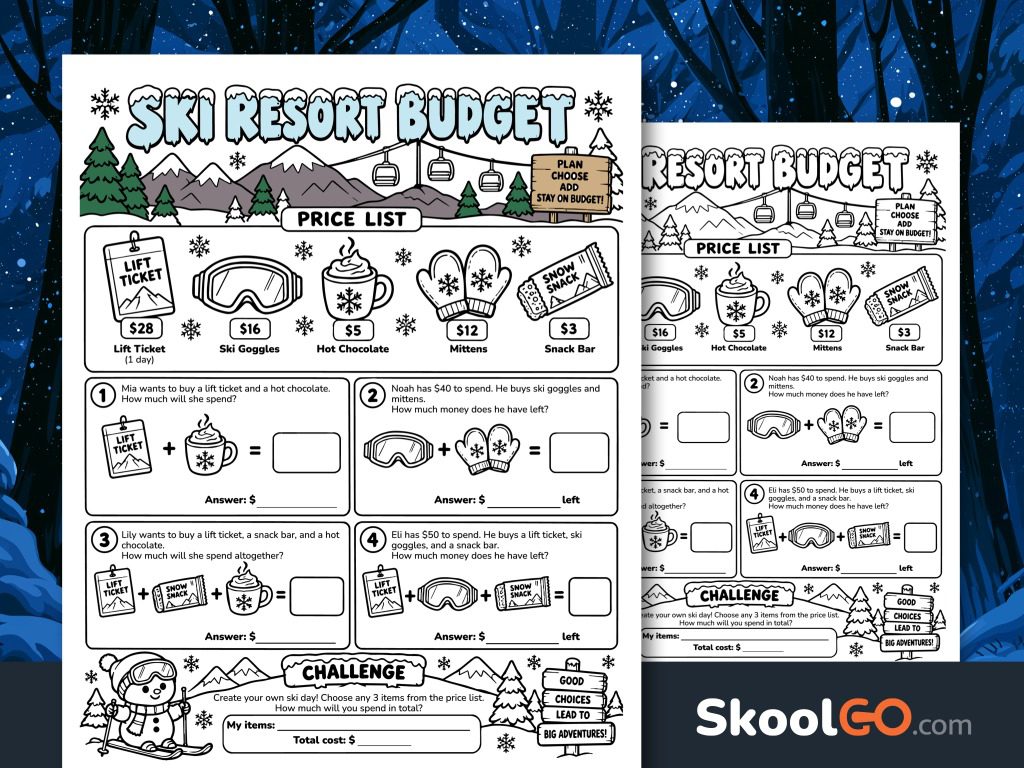 Ski resort math worksheet with a winter mountain scene, illustrated item prices, and addition and subtraction money problems.