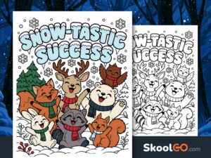 Snow-Tastic Success winter classroom poster featuring smiling woodland animals in scarves, snowy trees, and snowflakes.