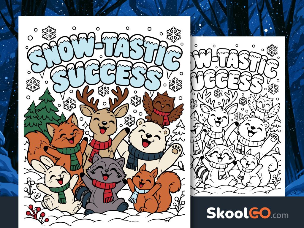Snow-Tastic Success winter classroom poster featuring smiling woodland animals in scarves, snowy trees, and snowflakes.