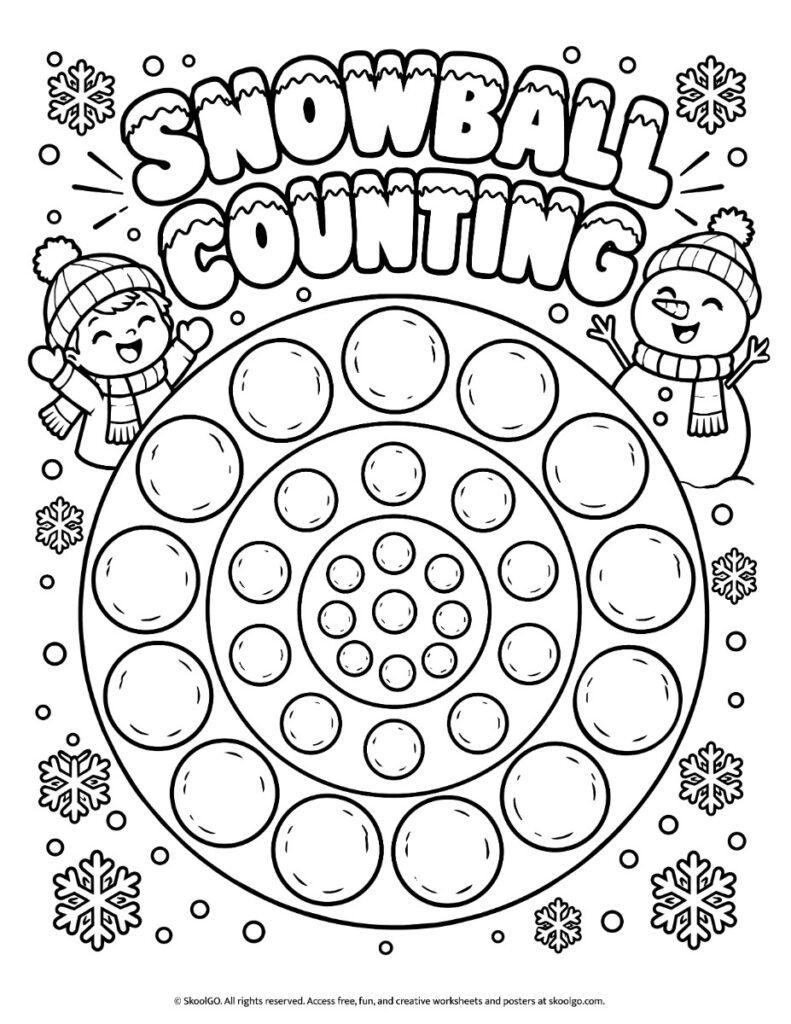 Snowball Counting Worksheet – Black-and-White Version Black-and-white Snowball Counting worksheet with three groups of snowballs, a winter child, a snowman, and snowflakes to color.