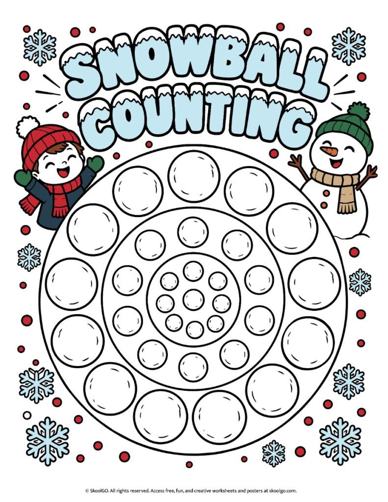 Snowball Counting Worksheet – Color Version Color version of the Snowball Counting worksheet showing 30 snowballs in three concentric groups of different sizes.