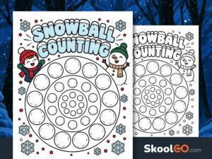 Colorful Snowball Counting worksheet with three circular groups of snowballs, a smiling child, a snowman, and winter decorations.