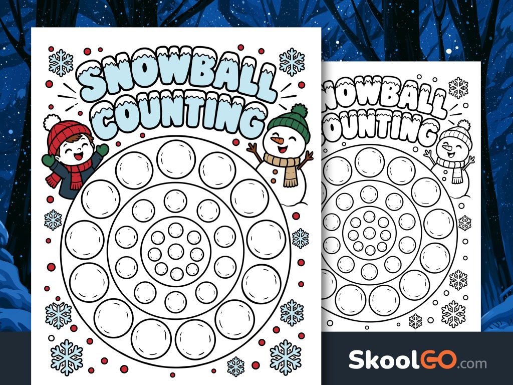 Colorful Snowball Counting worksheet with three circular groups of snowballs, a smiling child, a snowman, and winter decorations.
