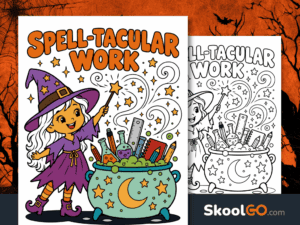 Spell-Tacular Work poster with orange lettering, a smiling witch holding a magic wand, and a cauldron filled with colorful school supplies.
