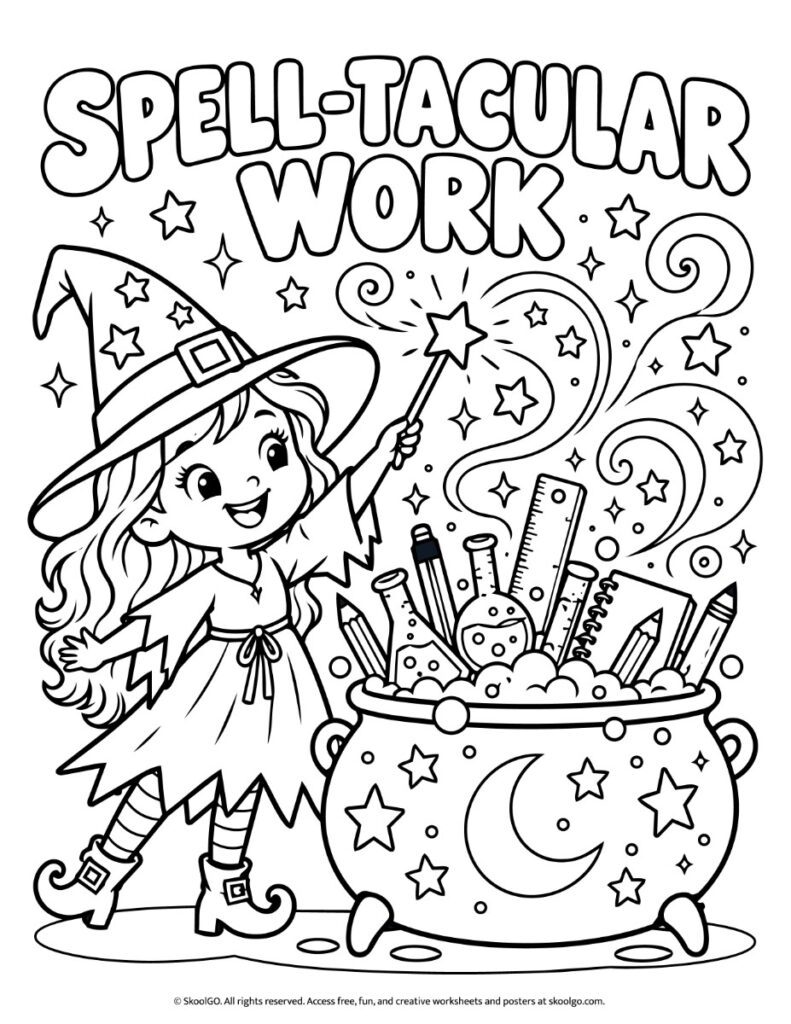 Spell-Tacular Work – Black-and-White Coloring Poster Black-and-white Spell-Tacular Work coloring poster with an outlined witch, magic wand, stars, and a cauldron filled with school supplies.