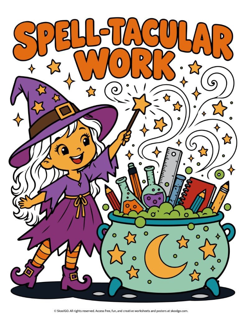 Spell-Tacular Work – Full-Color Printable Poster Full-color Spell-Tacular Work poster featuring a purple-clad witch, stars, a crescent moon, and pencils and rulers inside a magical cauldron.