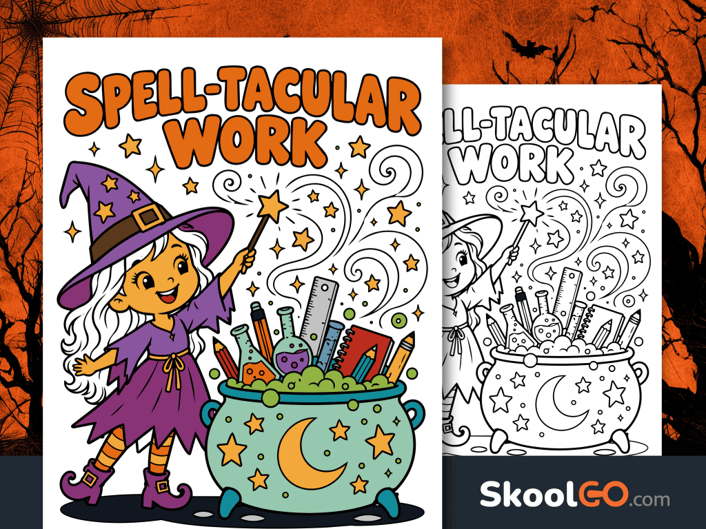 Spell-Tacular Work poster with orange lettering, a smiling witch holding a magic wand, and a cauldron filled with colorful school supplies.