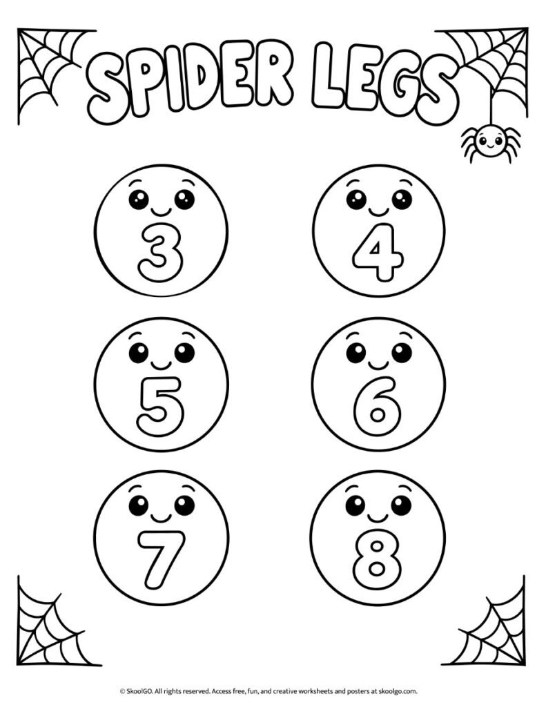Spider Legs Drawing Activity – Black-and-White Printable Black-and-white Spider Legs worksheet with six outlined faces numbered 3 to 8, ready for drawing legs and coloring.