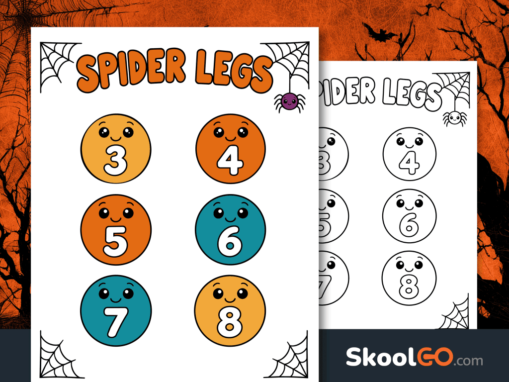 Colorful Spider Legs worksheet featuring six smiling numbered circles from 3 to 8, with spiderweb decorations.