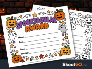 Colorful Spooktacular Award Certificate with smiling pumpkins, friendly ghosts, stars, and blank fields for student recognition.