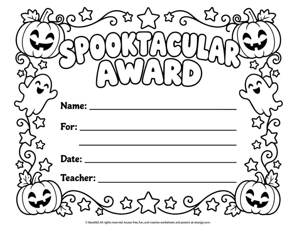 Spooktacular Award Certificate – Black-and-White Printable Black-and-white Spooktacular Award Certificate with outlined pumpkins, ghosts, and stars to color, plus blank fields for student information.