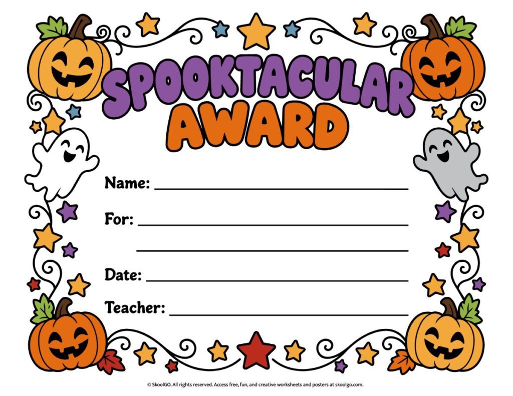 Spooktacular Award Certificate – Color Printable Full-color Halloween award certificate with orange pumpkins, purple lettering, smiling ghosts, colorful stars, and spaces for name, reason, date, and teacher.