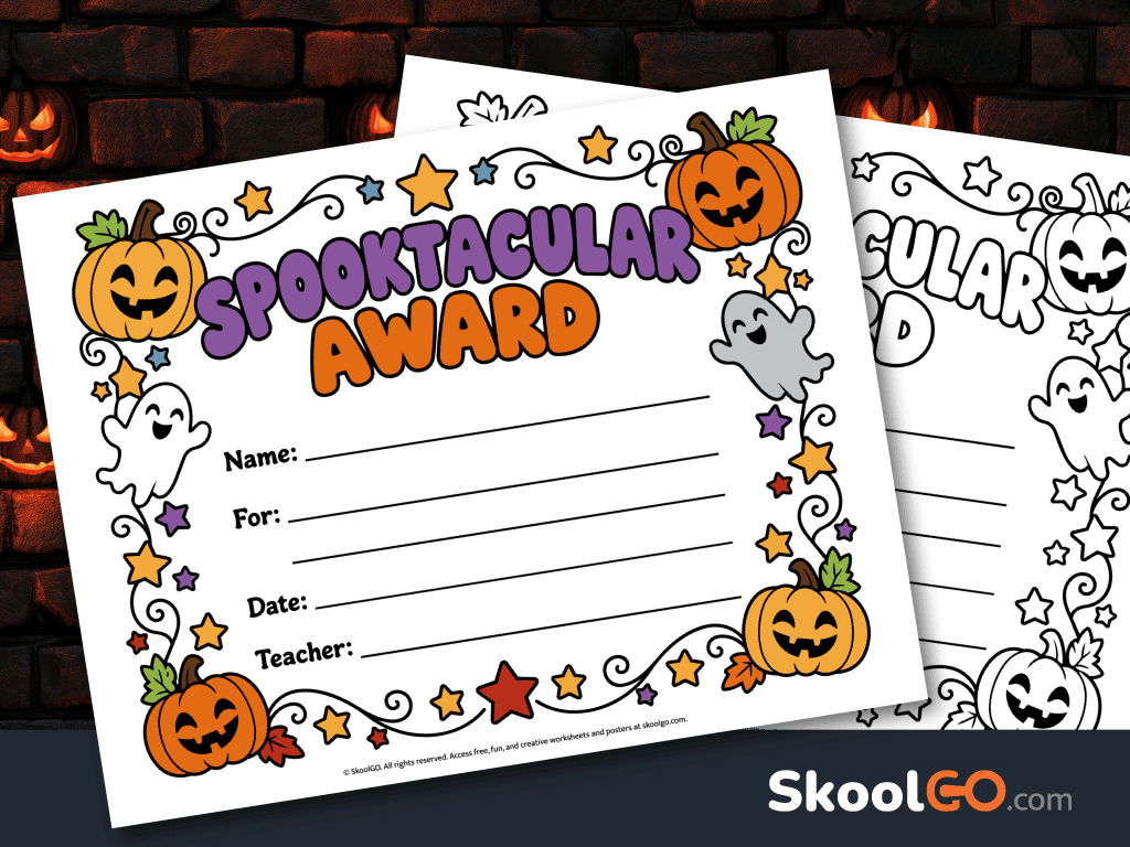 Colorful Spooktacular Award Certificate with smiling pumpkins, friendly ghosts, stars, and blank fields for student recognition.