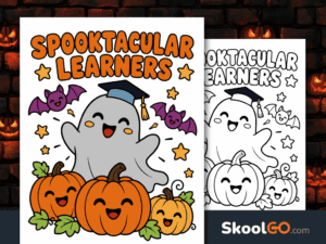 Spooktacular Learners Halloween poster with a smiling ghost in a graduation cap, three pumpkins, purple bats, and stars.