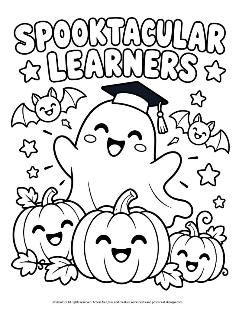 Spooktacular Learners Halloween Coloring Poster Black-and-white Spooktacular Learners coloring poster with outlined pumpkins, a smiling ghost wearing a graduation cap, bats, and stars.