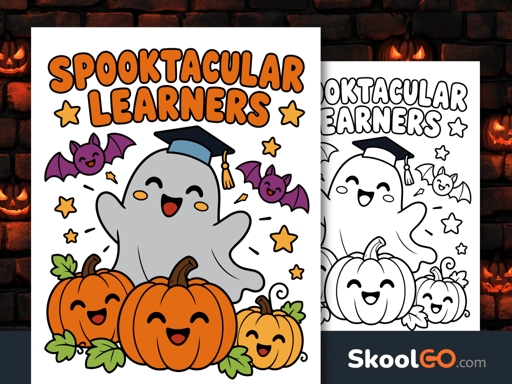 Spooktacular Learners Halloween poster with a smiling ghost in a graduation cap, three pumpkins, purple bats, and stars.