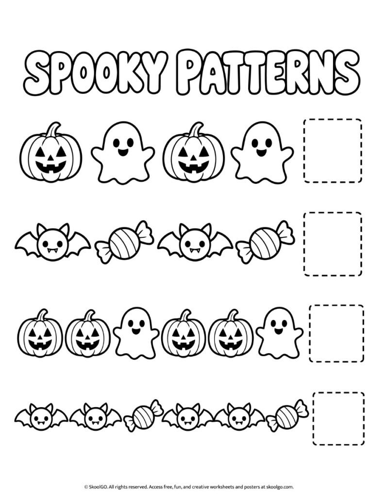 Spooky Patterns – Black-and-White Halloween Pattern Worksheet Black-and-white Halloween pattern worksheet with four sequences of pumpkins, ghosts, bats, and candy to complete in empty boxes.