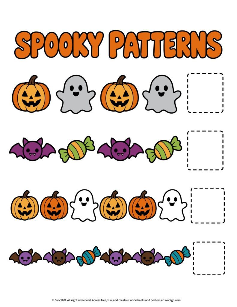 Spooky Patterns – Color Halloween Pattern Worksheet Color Halloween pattern worksheet with four repeating sequences of pumpkins, ghosts, bats, and candy, each with a blank box to complete.