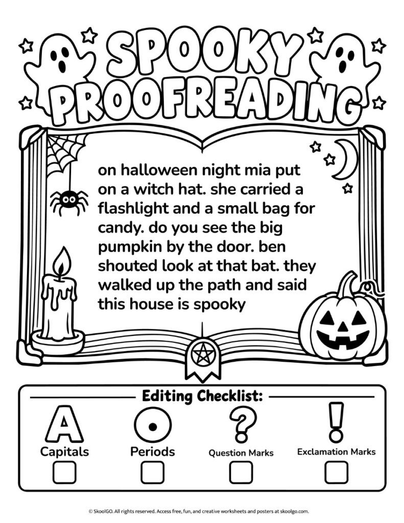 Spooky Proofreading – Black-and-White Halloween Editing Worksheet Black-and-white Halloween proofreading worksheet featuring a passage with capitalization and punctuation errors and a four-part editing checklist.