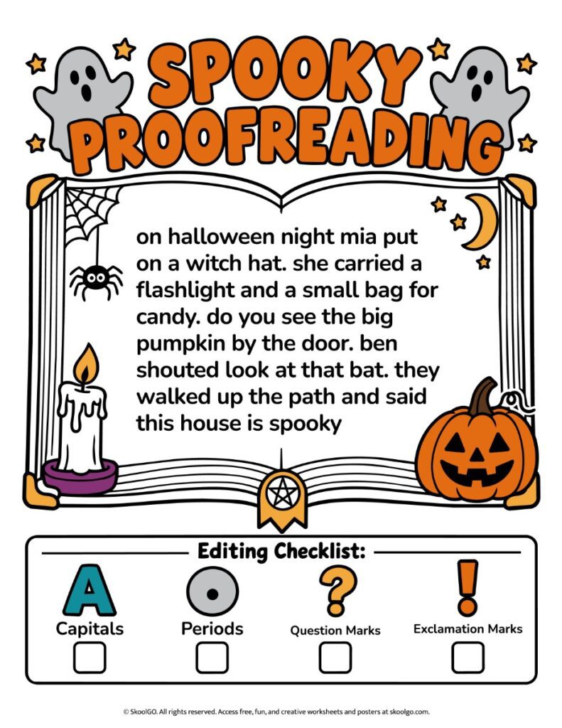 Spooky Proofreading – Color Halloween Editing Worksheet Color Halloween proofreading worksheet with a passage about Mia and Ben, missing capitalization and punctuation, and an editing checklist.