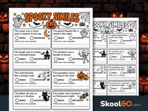 Halloween similes and metaphors worksheet with spooky sentences, pumpkins, ghosts, and spaces for students to write examples