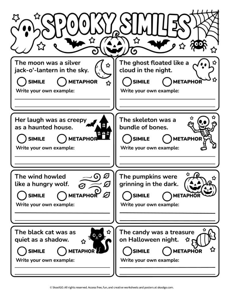 Spooky Similes and Metaphors Worksheet – Black-and-White Version Black-and-white Halloween similes and metaphors worksheet with eight identification exercises, writing spaces, and spooky illustrations to color