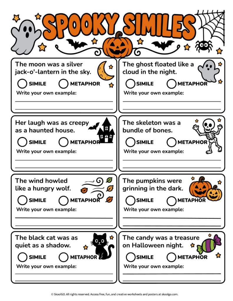 Spooky Similes and Metaphors Worksheet – Color Version Color Halloween worksheet with eight simile and metaphor questions, writing lines, and illustrations of ghosts, pumpkins, and a skeleton
