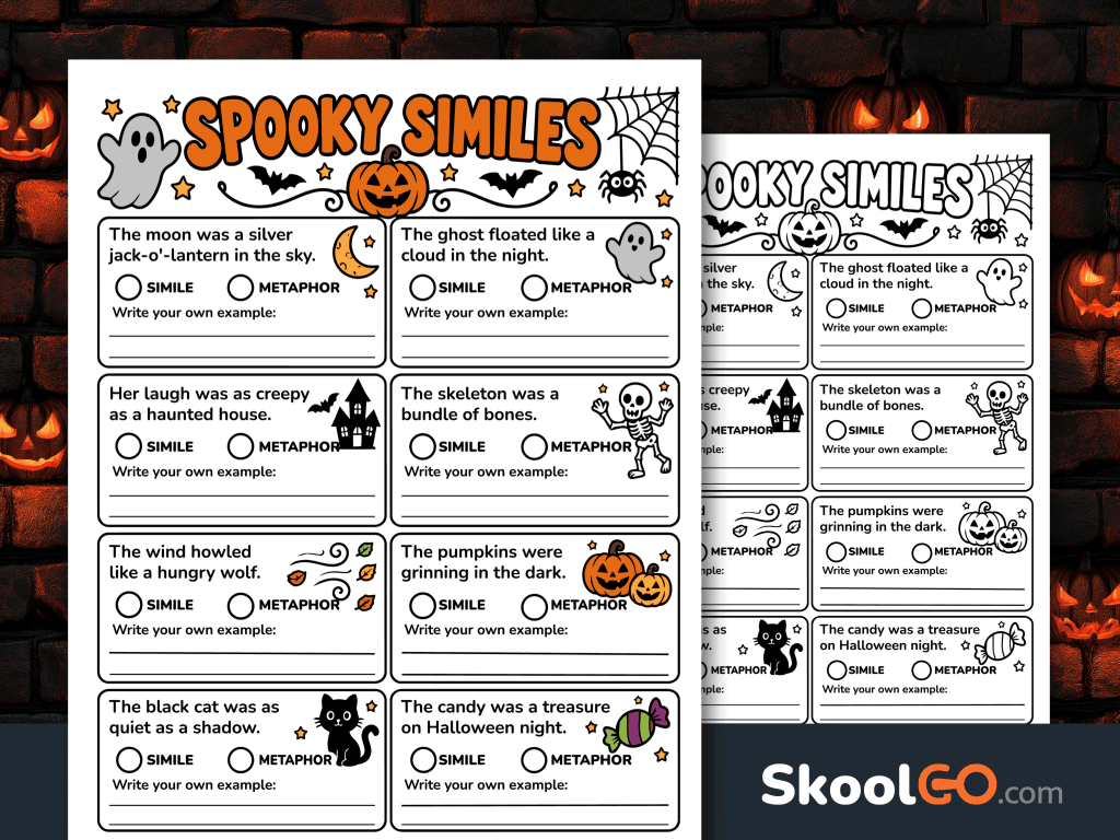 Halloween similes and metaphors worksheet with spooky sentences, pumpkins, ghosts, and spaces for students to write examples