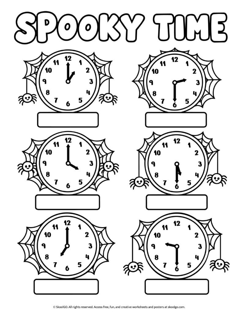 Spooky Time – Black-and-White Halloween Telling Time Worksheet Black-and-white Halloween telling time worksheet featuring six analog clocks decorated with spiderwebs and spiders, with spaces to write the times.