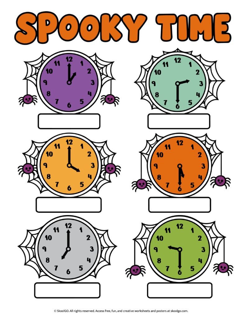 Spooky Time – Color Halloween Telling Time Worksheet Color Halloween telling time worksheet with six analog clocks, colorful clock faces, spiderwebs, and blank boxes for writing the times.