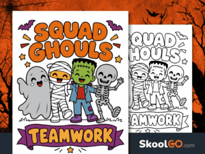 Colorful Squad Ghouls teamwork poster with a smiling ghost, mummy, Frankenstein-style monster, and skeleton beneath Halloween lettering.