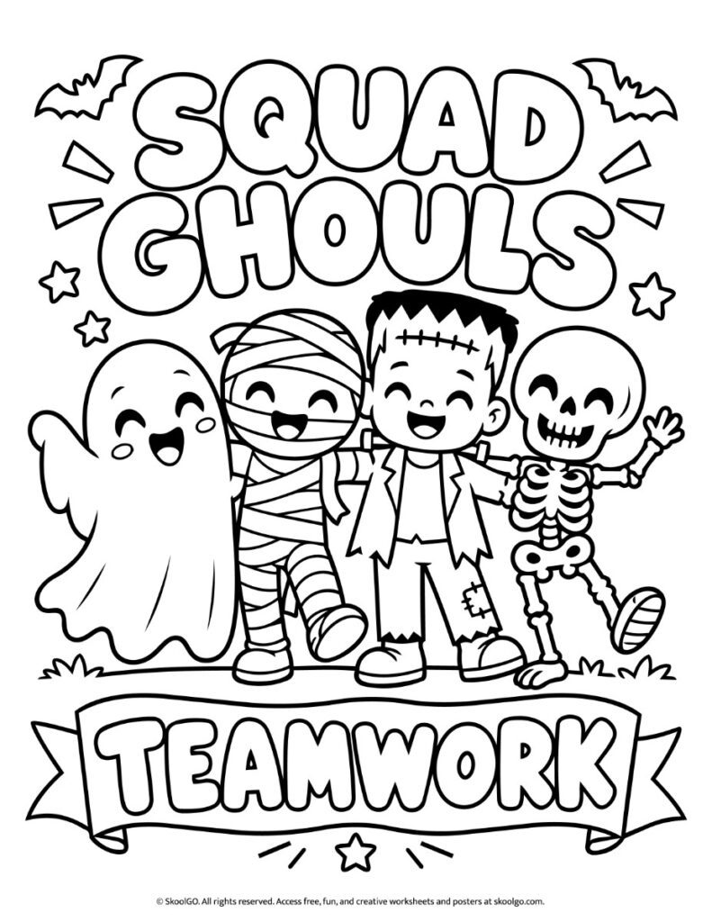 Squad Ghouls Teamwork Poster – Black-and-White Coloring Version Black-and-white Squad Ghouls poster with outlined Halloween characters, bats, stars, and large Teamwork lettering ready to color.