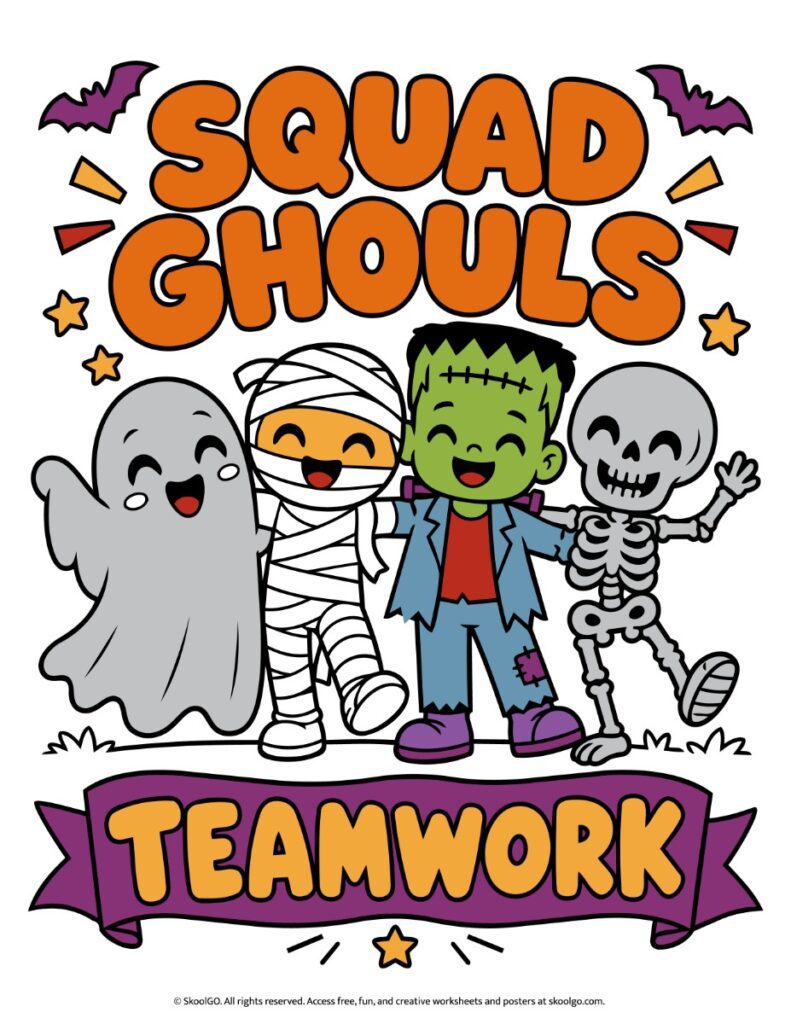 Squad Ghouls Halloween Teamwork Poster – Color Version Full-color Halloween poster with four friendly monster characters, purple bats, orange Squad Ghouls lettering, and a Teamwork banner.