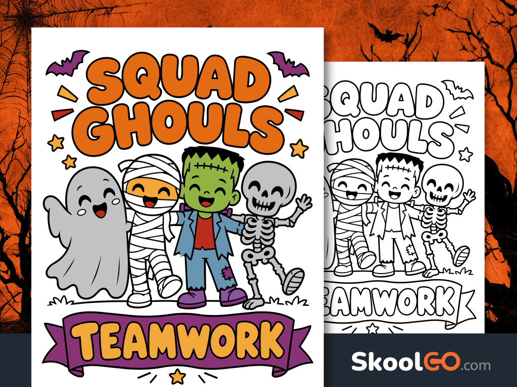Colorful Squad Ghouls teamwork poster with a smiling ghost, mummy, Frankenstein-style monster, and skeleton beneath Halloween lettering.