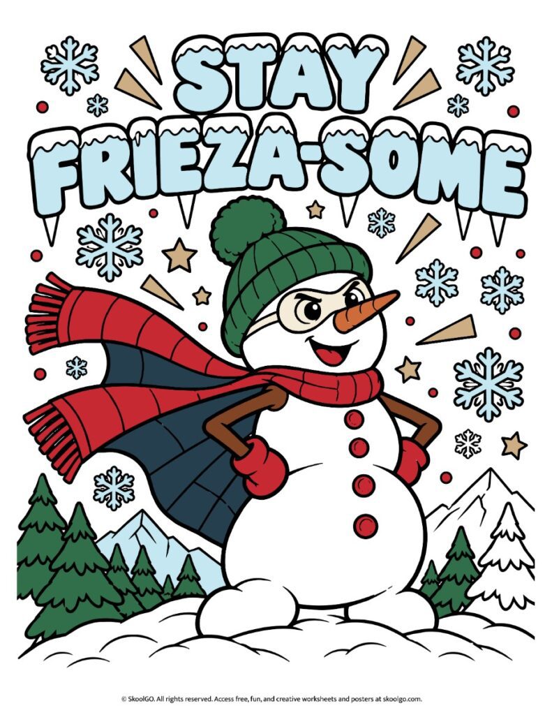 Colorful Stay Frieza-Some poster showing a superhero snowman surrounded by snowflakes, stars, evergreen trees, and snowy mountains.
