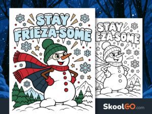 Stay Frieza-Some winter poster featuring a smiling superhero snowman with a green hat, red scarf, blue cape, and snowy forest background.